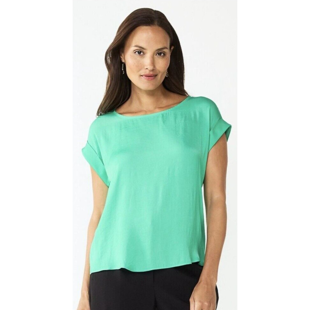 Women’s Nine West Med Roll Cuff Woven Tee Scoop Neck Dolman Sleeves Tangy Green